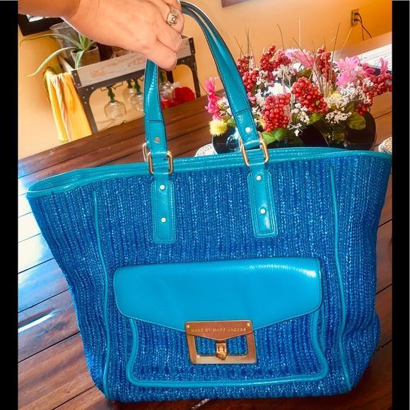 Marc By Marc Jacobs Handbags - MARC JACOBS RATTAN LEATHER STRAW HANDBAG TOTE PURSE BAG TURQUOISE BLUE GOLD EUC